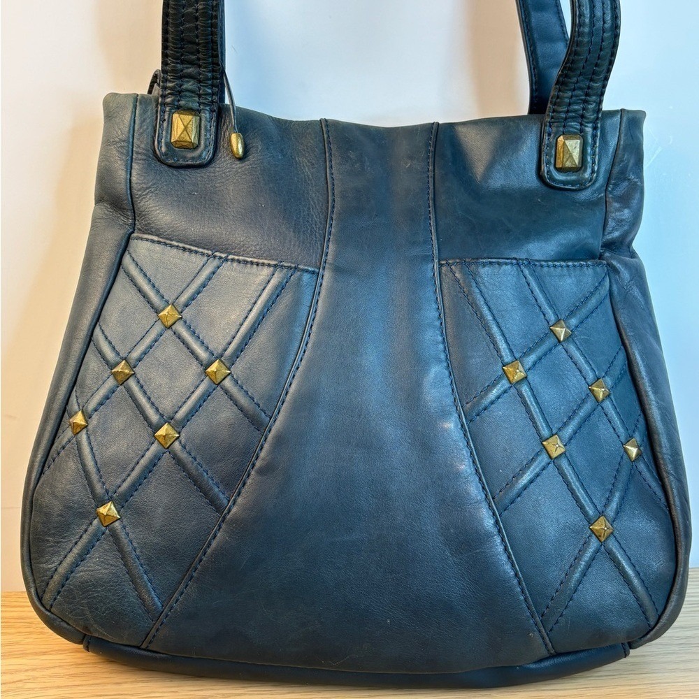 Vintage Stone Mountain Dark Teal "Rustic Look"‎ Leather Bag w/Gold Tone Studs